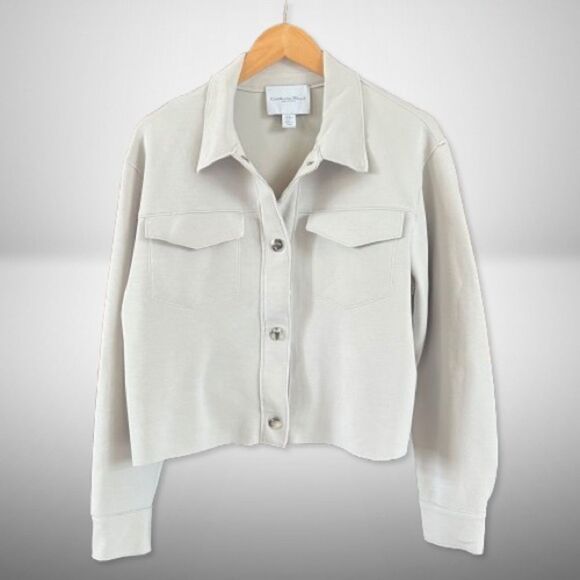 Carolina Belle Greige Oversized Crop Snap Stretch Comfy Blazer Jacket Size M - Picture 1 of 9